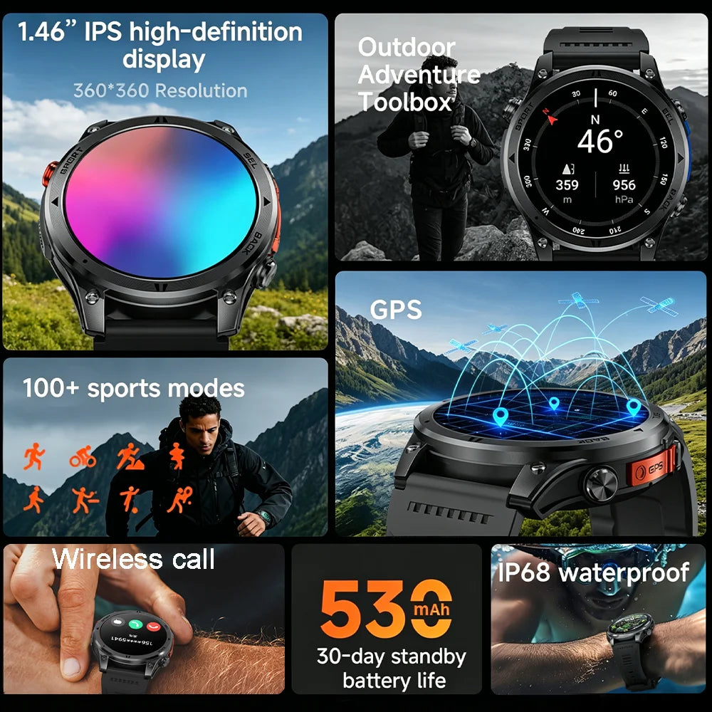 2026NEW Smart Watch Outdoors Sports MAN Bluetooth Call IP68 Waterproof Heart Rate GPS HD Screen Large Battery Health Monitoring