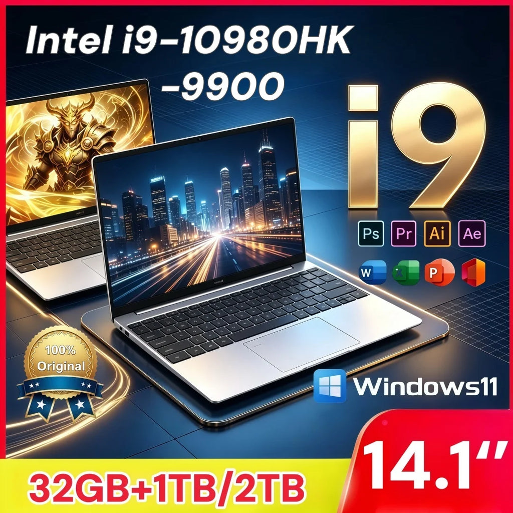 14.1 Inch Business Ultra Portable Laptop I9-9900 I9-10980HK 2026 Win11 DDR4 16GB/32GB RAM 2TB SSD Slim Office Notebook PC