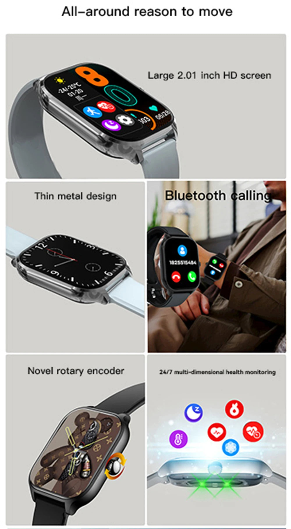 2026 New Smart Watch For Android IOS 2.01Inch Color Screen Bluetooth Call Blood Oxygen/Pressure Monitoring Smart Watch Women Men