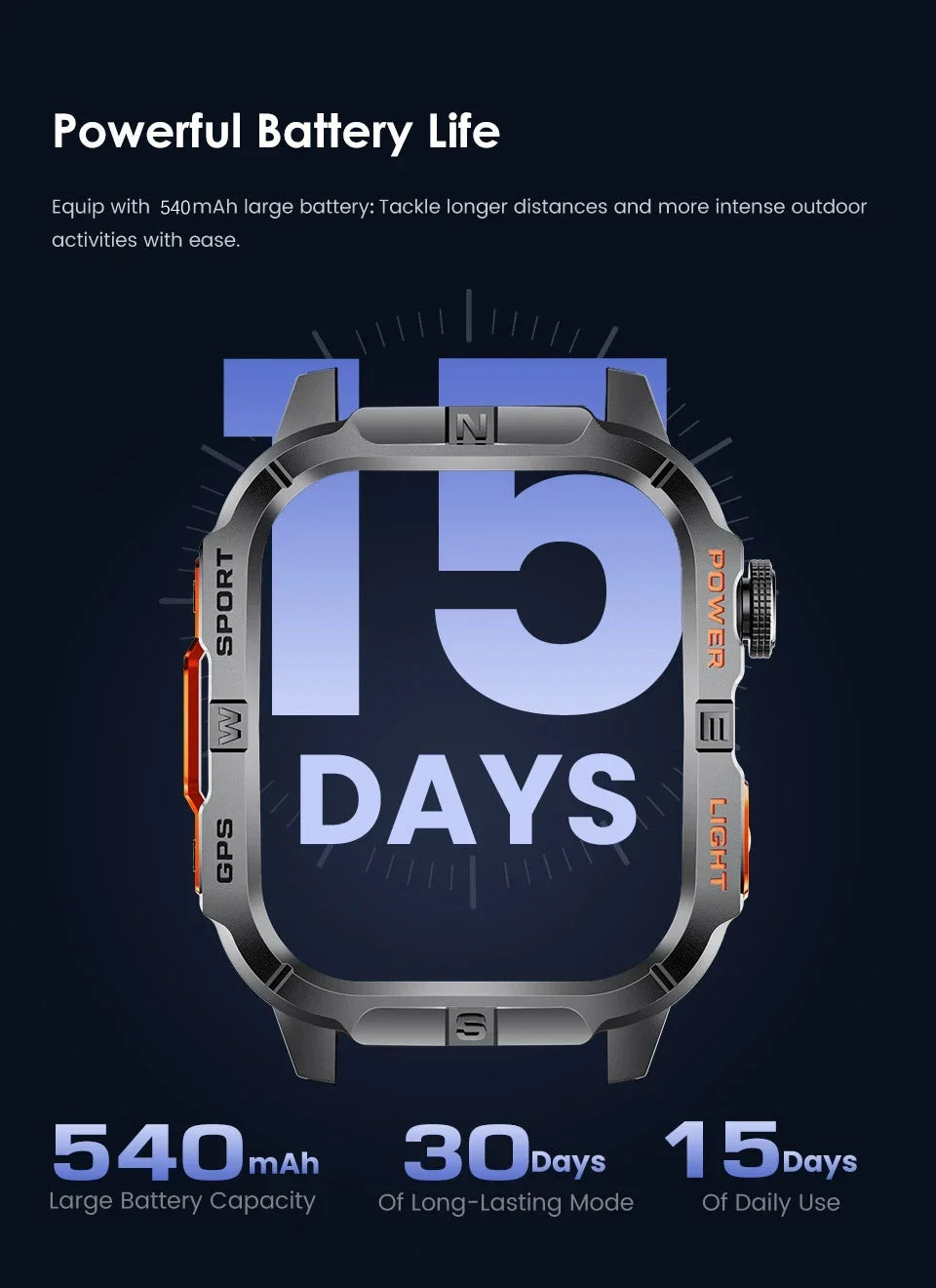 Smart Watch 2.01-inch HD Screen 540mAh 6 Satellite Positioning System 100+ Sports Modes IP68 Waterproof BT Call Smart Watch Men