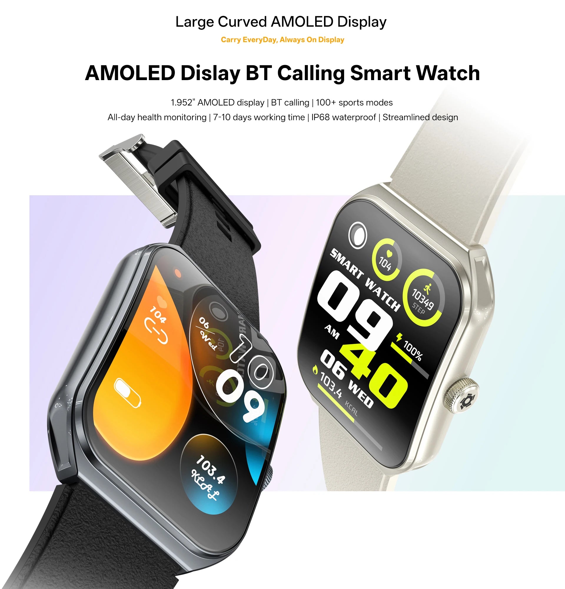 Smart Watch for Men's Women's 1.95-inch AMOLED HD Screen IP68 Waterproof 100+Sports Mode Fitness Tracker Heart Rate monitoring