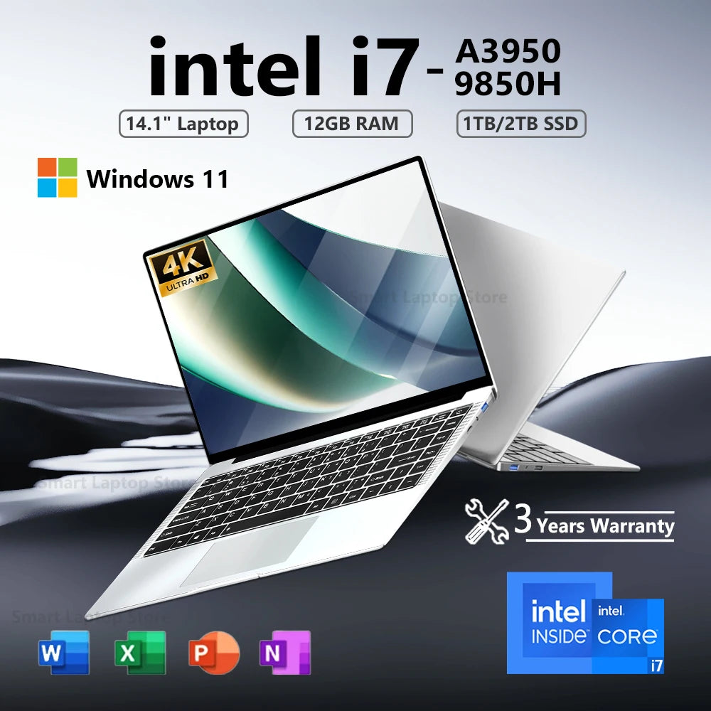 2026 Intel Core i7 9850H Intel A3950 Ultra Slim Laptop 14.1“ Windows 11 Notebook Computer 12GB RAM 1TB SSD Office Study Laptop
