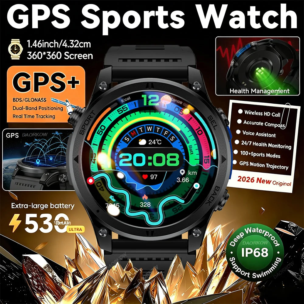 2026NEW Smart Watch Outdoors Sports MAN Bluetooth Call IP68 Waterproof Heart Rate GPS HD Screen Large Battery Health Monitoring