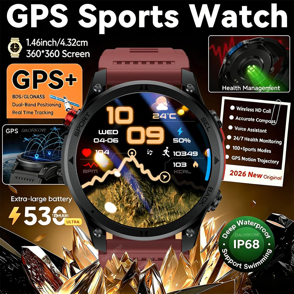 2026NEW Smart Watch Outdoors Sports MAN Bluetooth Call IP68 Waterproof Heart Rate GPS HD Screen Large Battery Health Monitoring