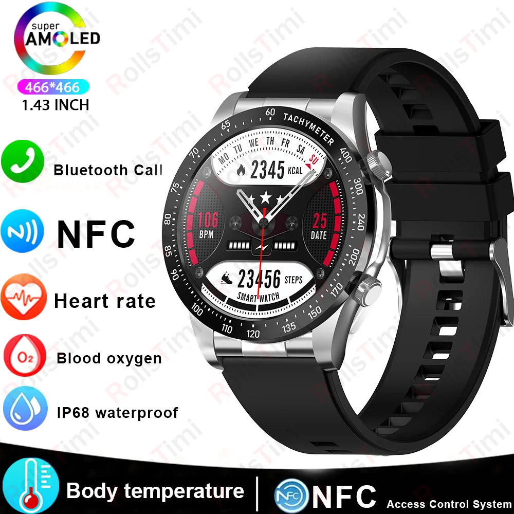 2026 new smart fitness watch with health tracking, heart rate monitor, NFC access, blood pressure check, and wireless calling,