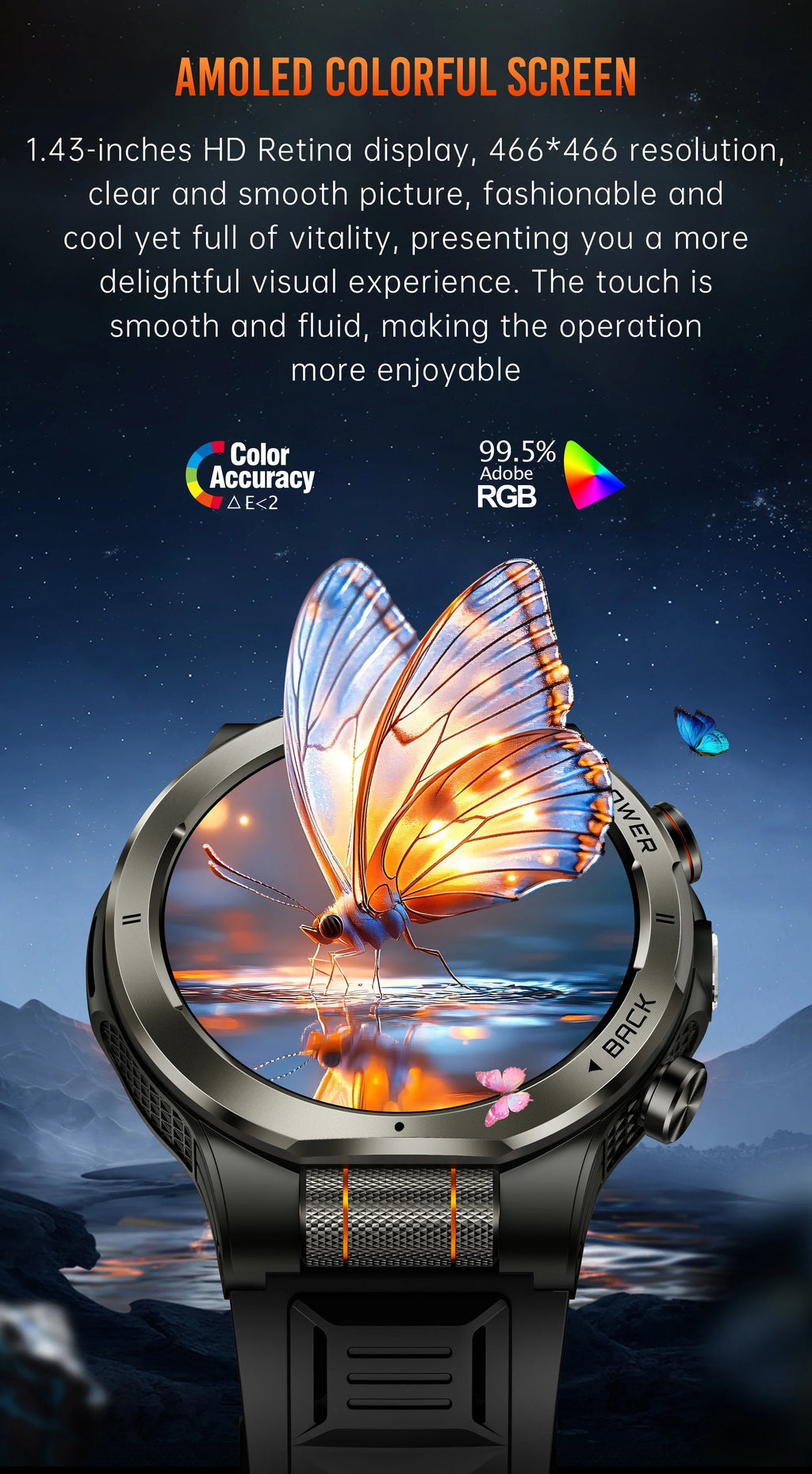 Smart Watch 1.43AMOLED Colorful Screen Highlight 1100mAh Battery Outdoor Compass 100+ Sports Mode Health Monitoring Smart Watch