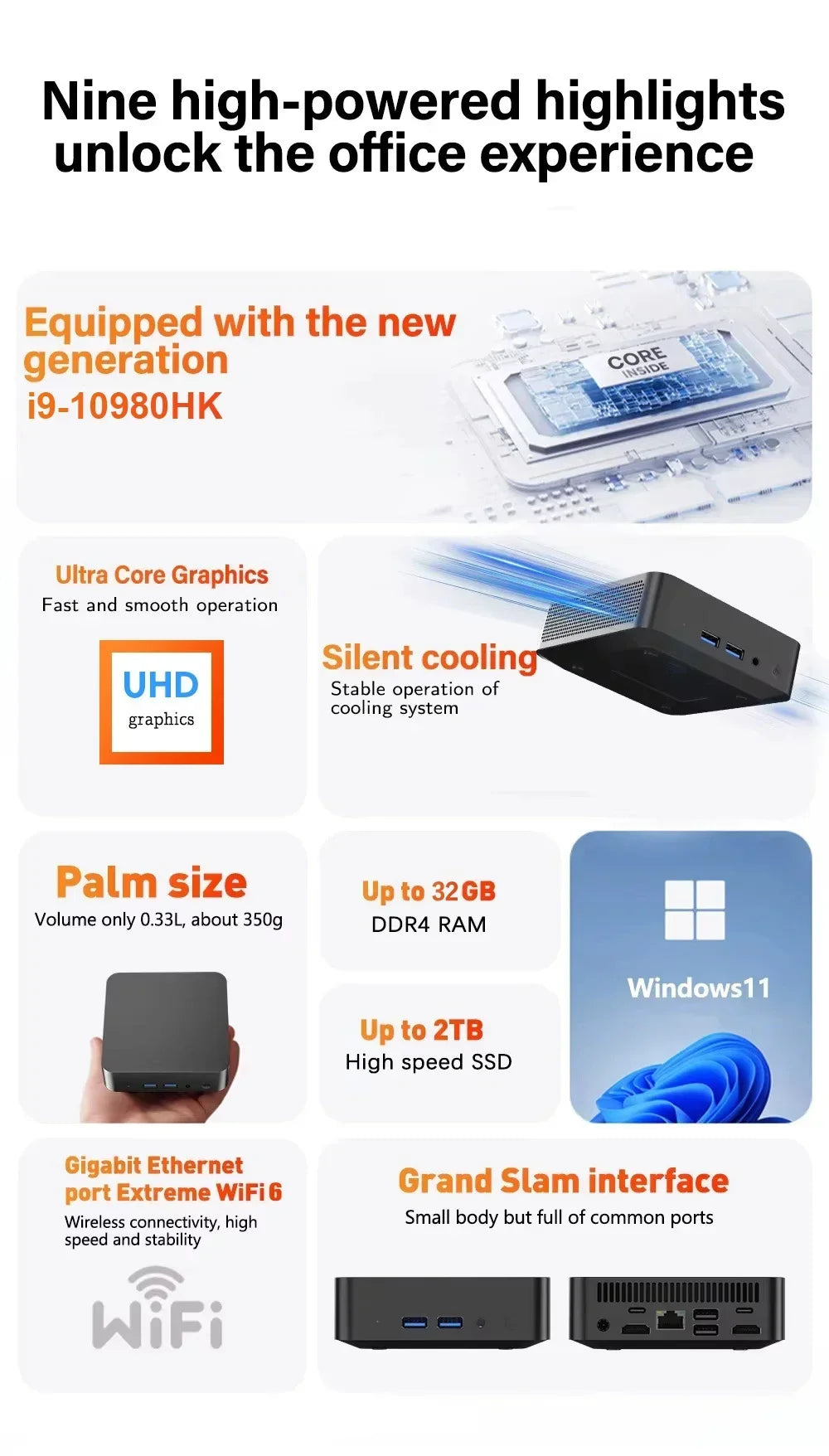Mini High-performance Gaming Laptop i9-10980HK Win11 Pro 32GB RAM 1TB/2TB SSD 4K Visual WiFi6 BT5.2 Home Office Laptop