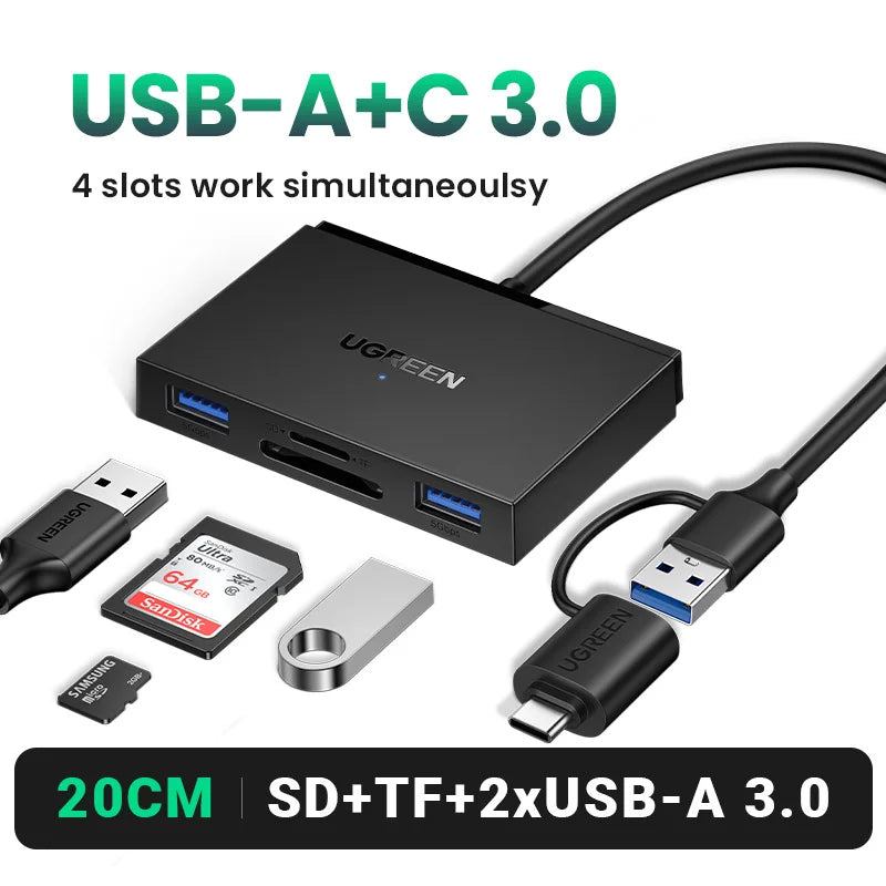 UGREEN Card Reader 4-in-1 USB3.0 USB-C OTG to SD CF Micro SD TF MS Card Adapter for Laptop PC Windows macOS Memory Card Adapter