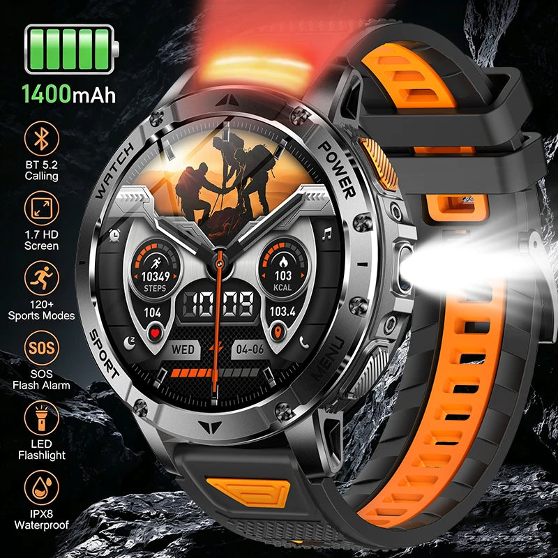 2026 Smartwatch,1400mAh battery,1.7"IPS screen,120+sports,SOS strobe alarm,IPX8 waterproof,LED light,BT Call,Xmas birthday gift