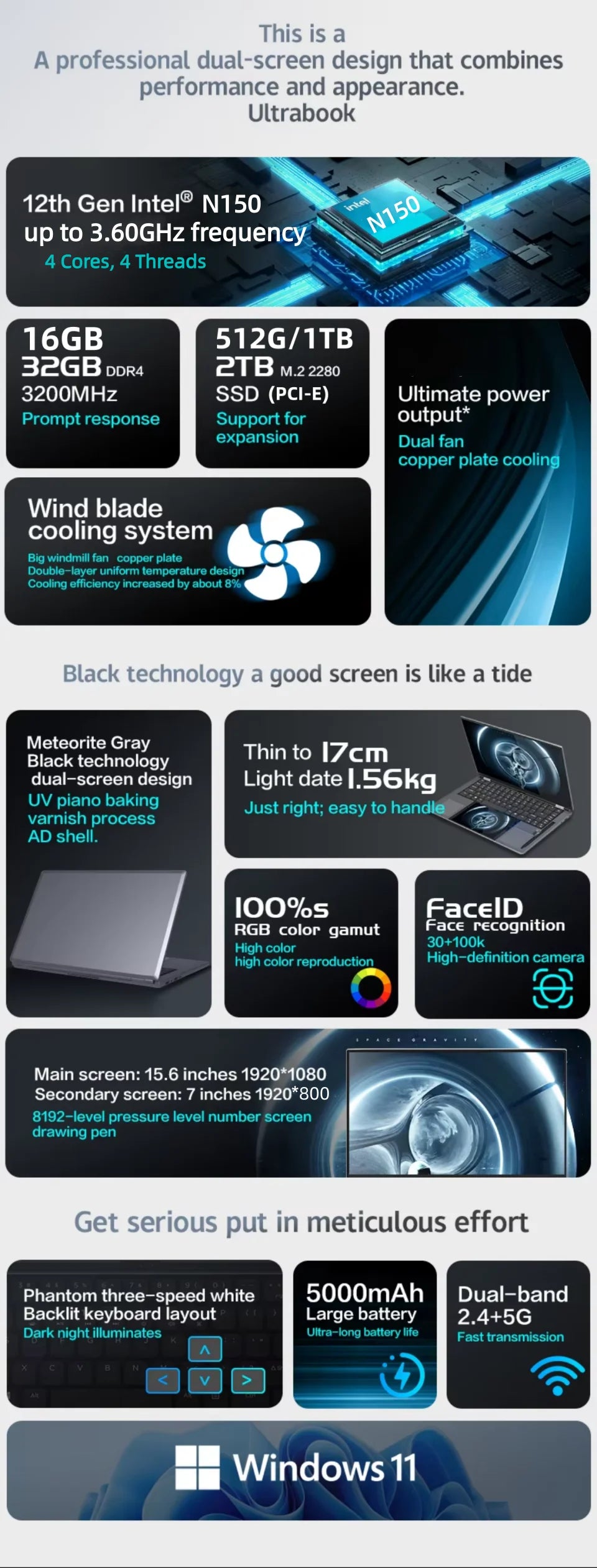 15.6+7inch Dual Screen Laptop Intel N150 Windows 11  32GB DDR4 512G/1TB/2TB M.2 2280 SSD WIFI BT Double Screen Laptop Computer