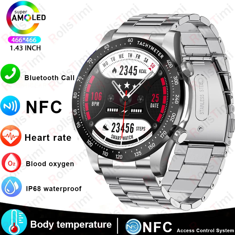 2026 new smart fitness watch with health tracking, heart rate monitor, NFC access, blood pressure check, and wireless calling,