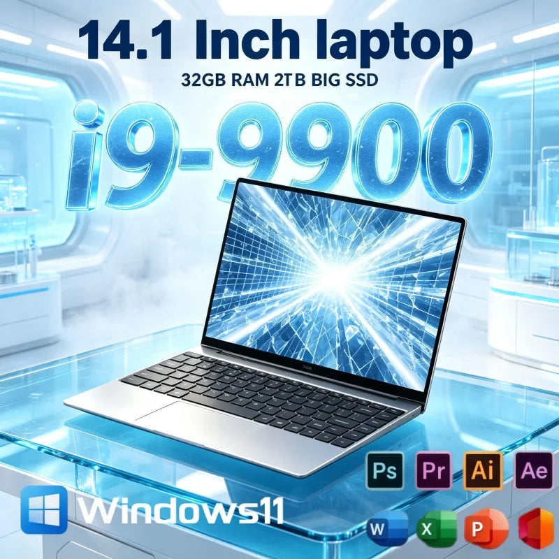 14.1 Inch Office Laptop Intel I9-9900 High Performance CPU 16GB RAM 2TB SSD Portable Business Notebook Windows 11 System