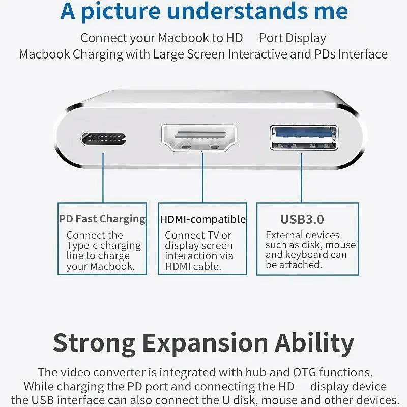 3 in 1 USB C male to female hub with 4K HDMI USB 3 0 and charging for MacBook Air 12 portable data transfer and display solution