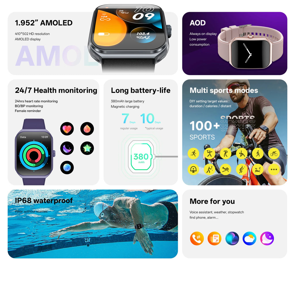 Smart Watch for Men's Women's 1.95-inch AMOLED HD Screen IP68 Waterproof 100+Sports Mode Fitness Tracker Heart Rate monitoring