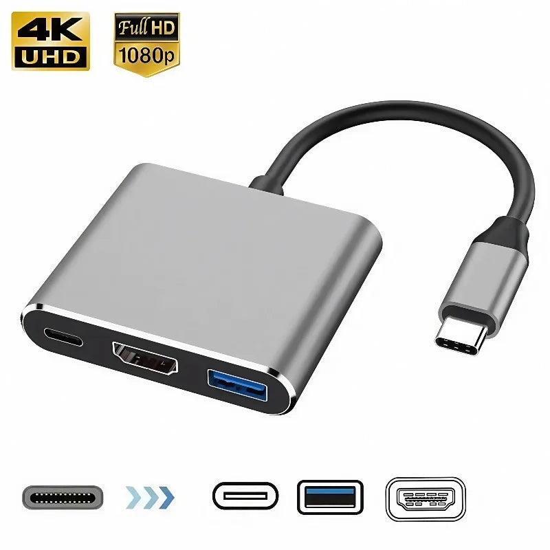 3 in 1 USB C male to female hub with 4K HDMI USB 3 0 and charging for MacBook Air 12 portable data transfer and display solution