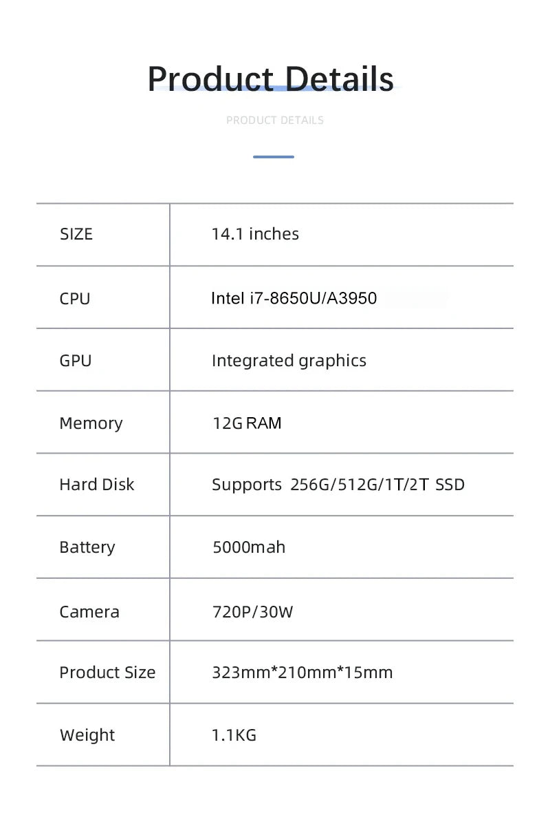 2026 14.1"Laptop Intel Core i7 8650U Atom A3950 Portable Laptops Windows 11 Computer 4K HD 12GB RAM 1TB 2TB SSD Notebook Office