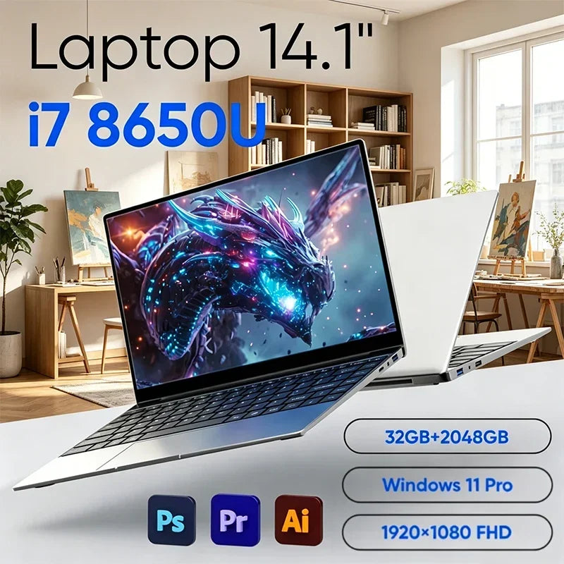 Original Ultra Slim 14.1" Laptop Intel Core I7-8650U Windows 11 Pro 32GB RAM 2TB M.2 SSD - Ideal for Office & Study 1920*1080 HD