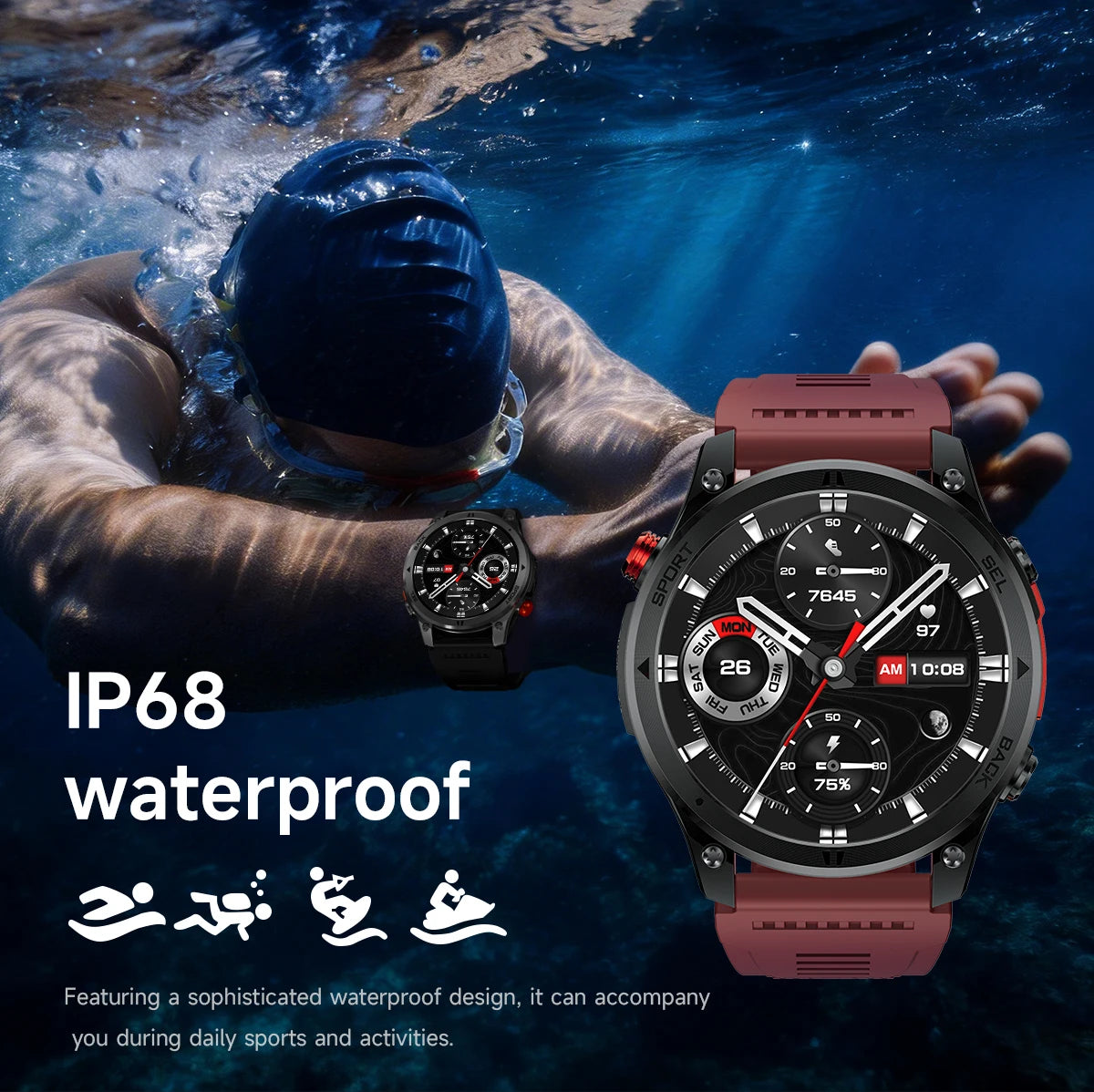 2026NEW Smart Watch Outdoors Sports MAN Bluetooth Call IP68 Waterproof Heart Rate GPS HD Screen Large Battery Health Monitoring
