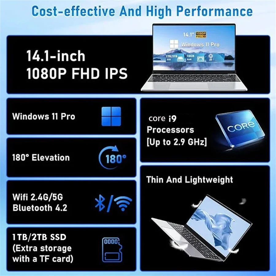 NEW Core I9-10980HK Laptop 16GB RAM 1/2TB SSD Portable Laptops 14.1-inch Windows 11 Pro Notebook Computer Office Gaming