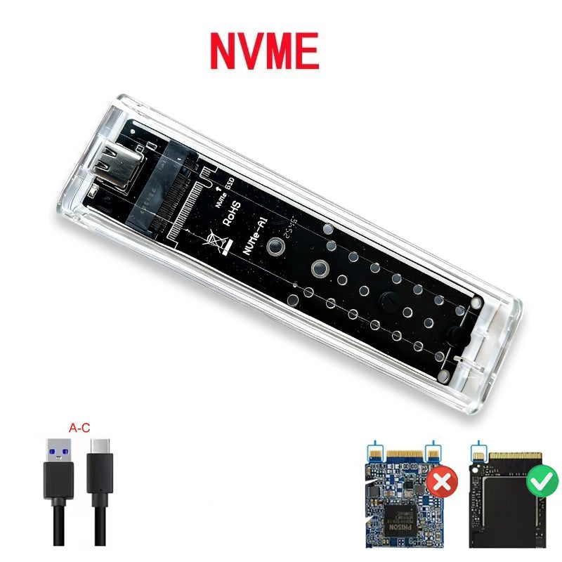 M.2 NVME PCIe /NGFF SATA /Dual Protocol SSD Case Clear USB Type C 10Gbps M2 SSD Transparent External Enclosure Hard Disk Box
