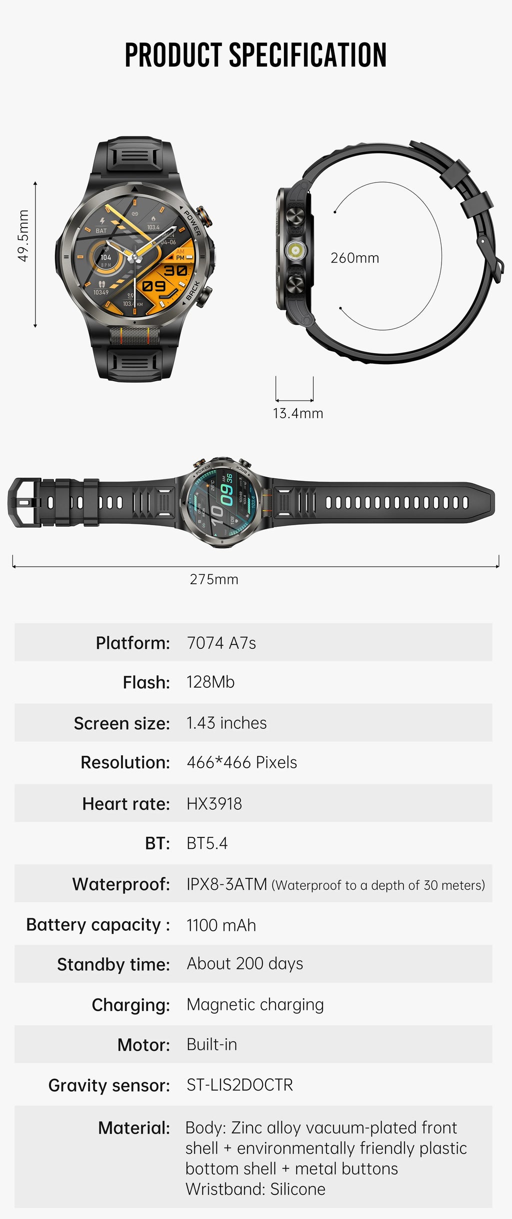 Smart Watch 1.43AMOLED Colorful Screen Highlight 1100mAh Battery Outdoor Compass 100+ Sports Mode Health Monitoring Smart Watch