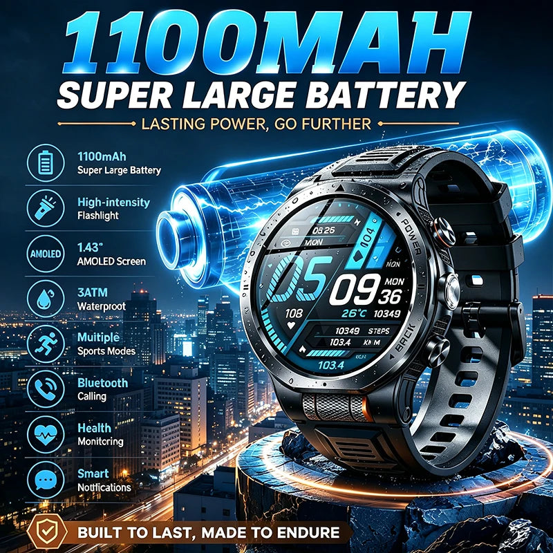 Smart Watch 1.43AMOLED Colorful Screen Highlight 1100mAh Battery Outdoor Compass 100+ Sports Mode Health Monitoring Smart Watch