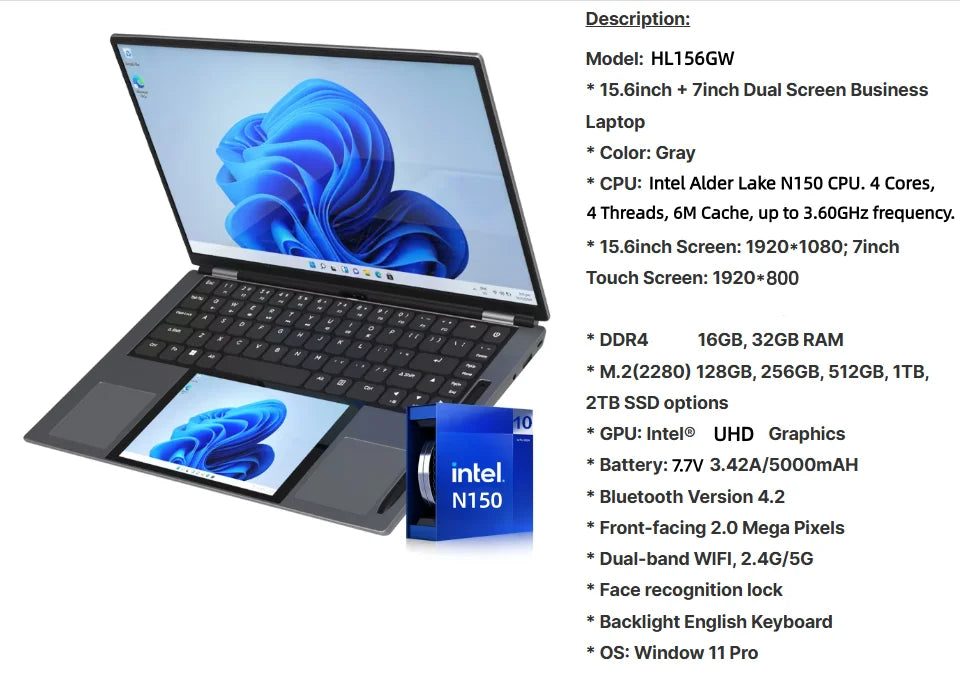 15.6+7inch Dual Screen Laptop Intel N150 Windows 11  32GB DDR4 512G/1TB/2TB M.2 2280 SSD WIFI BT Double Screen Laptop Computer