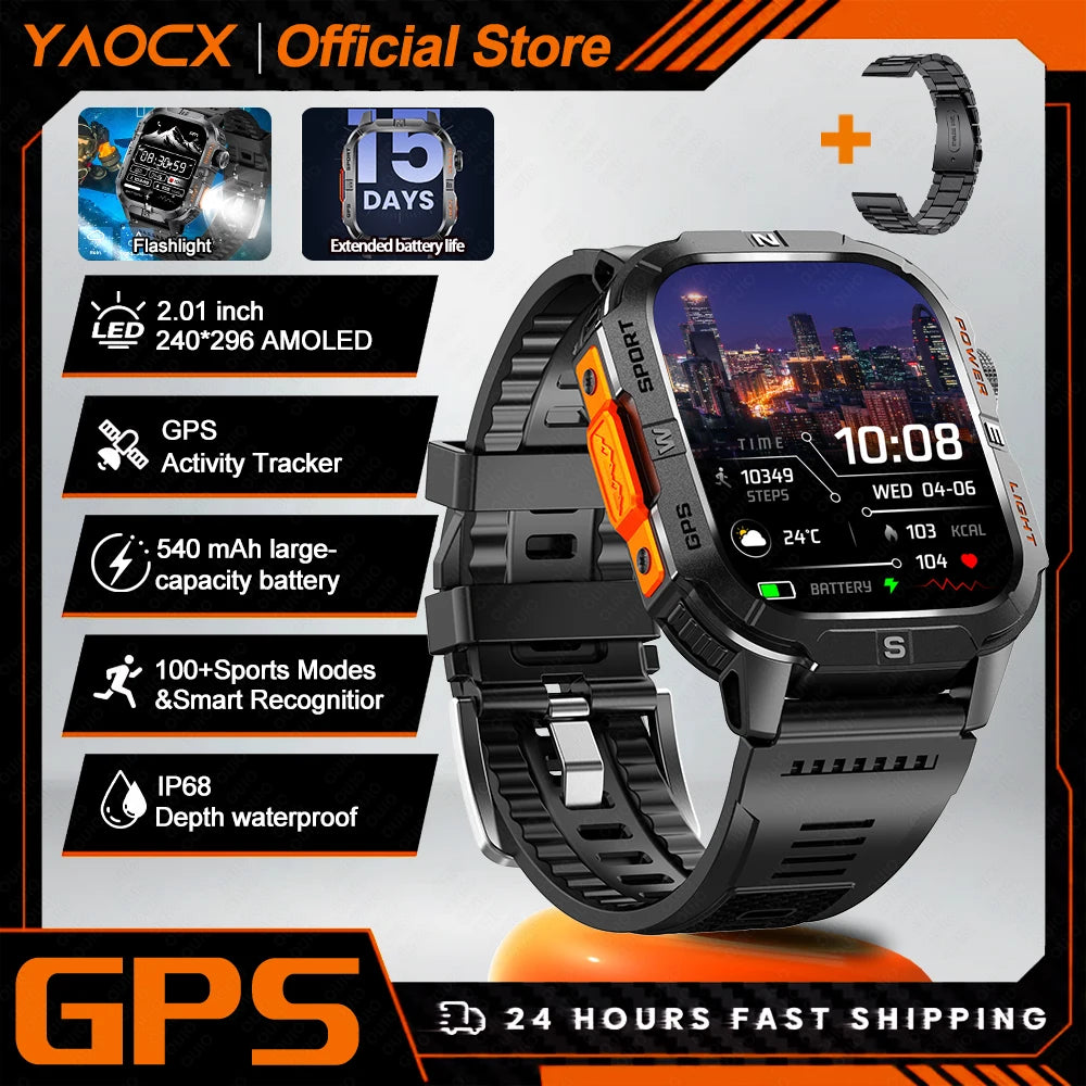 Smart Watch 2.01-inch HD Screen 540mAh 6 Satellite Positioning System 100+ Sports Modes IP68 Waterproof BT Call Smart Watch Men
