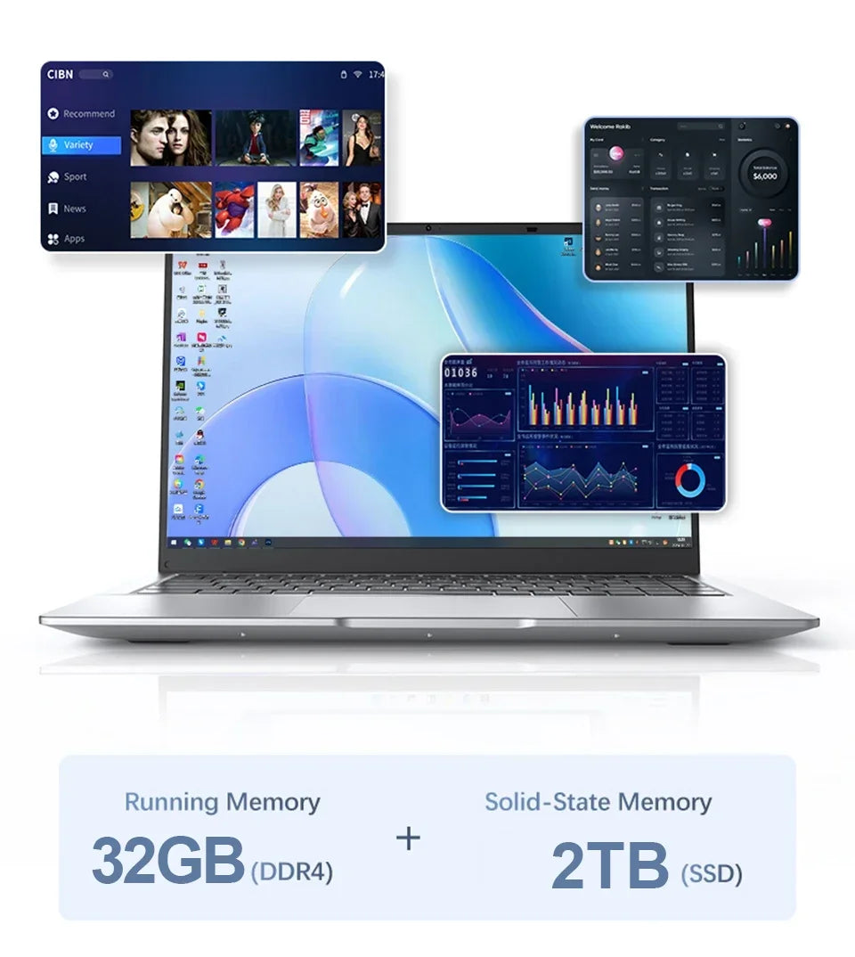 14.1 Inch Business Ultra Portable Laptop I9-9900 I9-10980HK 2026 Win11 DDR4 16GB/32GB RAM 2TB SSD Slim Office Notebook PC