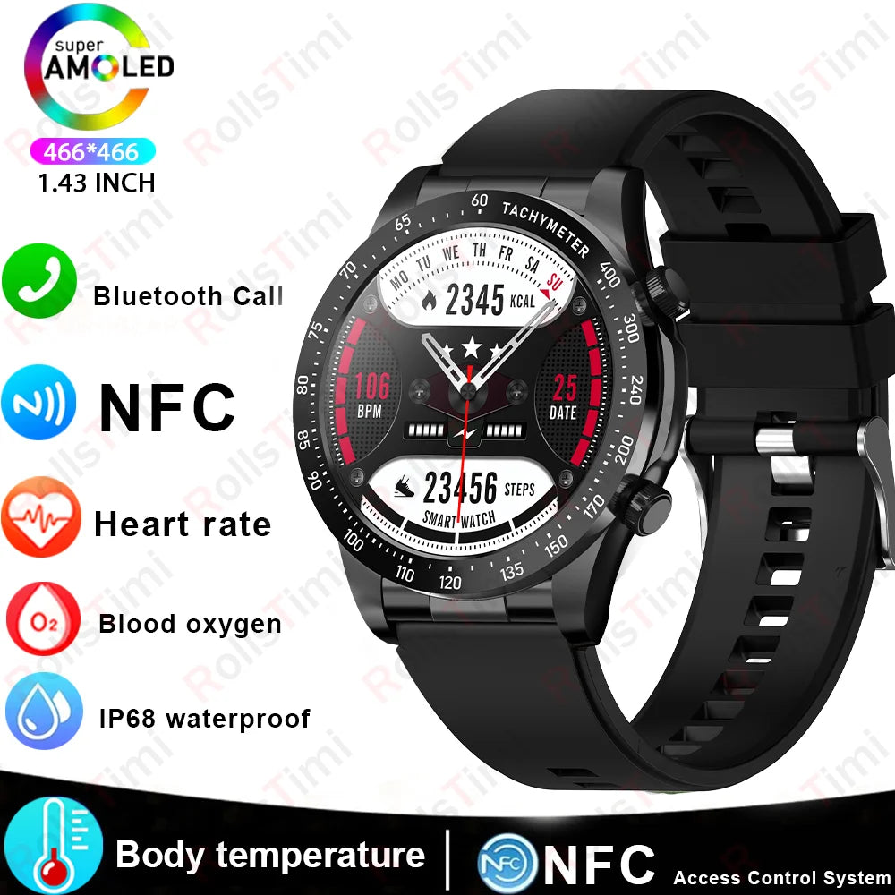 2026 new smart fitness watch with health tracking, heart rate monitor, NFC access, blood pressure check, and wireless calling,