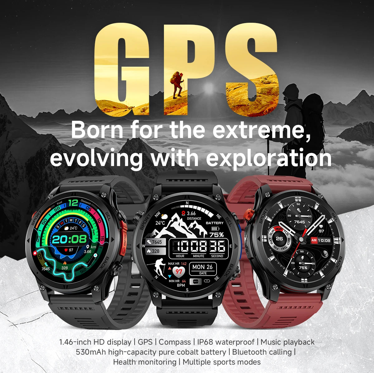 2026NEW Smart Watch Outdoors Sports MAN Bluetooth Call IP68 Waterproof Heart Rate GPS HD Screen Large Battery Health Monitoring