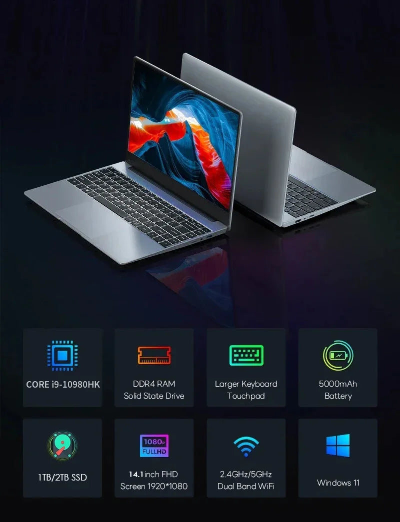 NEW Core I9-10980HK Laptop 16GB RAM 1/2TB SSD Portable Laptops 14.1-inch Windows 11 Pro Notebook Computer Office Gaming