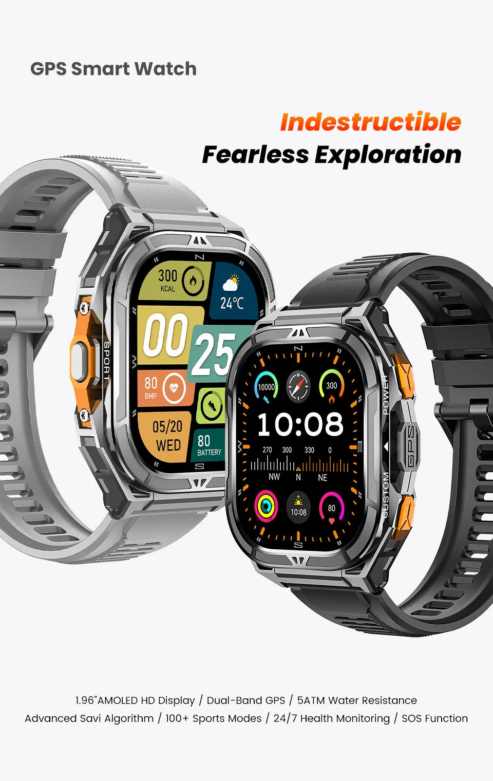2026 New GPS Smart Watch Men 1.96-inch HD AMOLED Screen Compass Bluetooth Call 5ATM Waterproof Sport Smart Watch for Android iOS