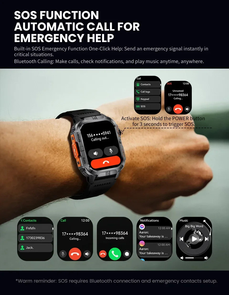 Smart Watch 2.01-inch HD Screen 540mAh 6 Satellite Positioning System 100+ Sports Modes IP68 Waterproof BT Call Smart Watch Men