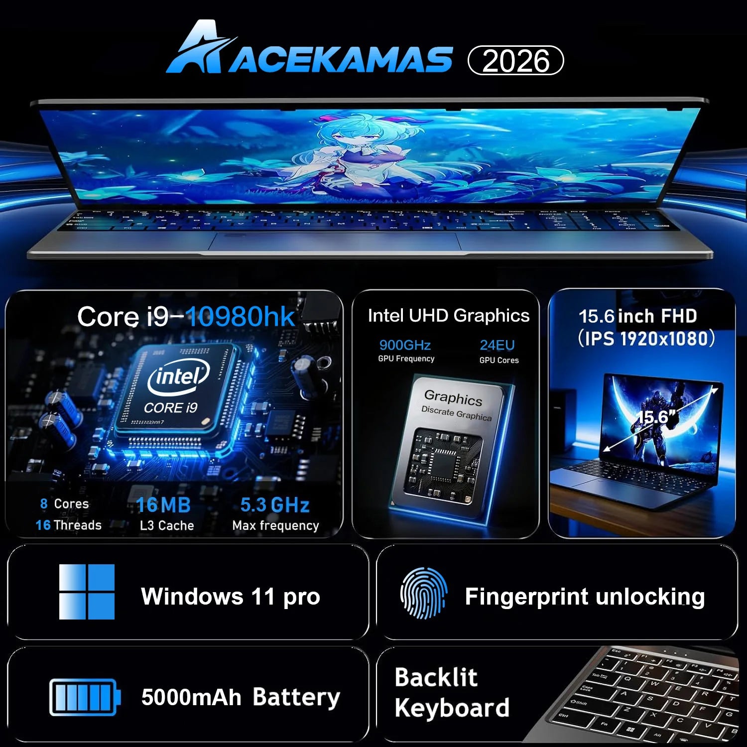 2026 15.6" Core i9 10980HK Laptop Computer Windows 11 Pro Notebook Gamer 16GB RAM 1TB SSD Fingerprint UnIock Office Game Laptops