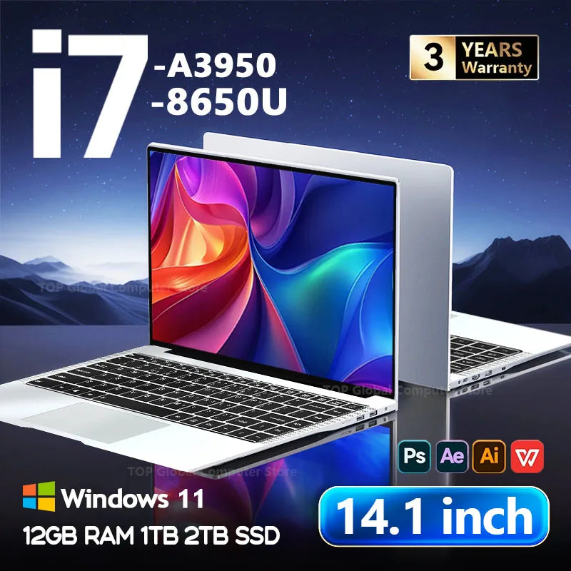 2026 14.1"Laptop Intel Core i7 8650U Atom A3950 Portable Laptops Windows 11 Computer 4K HD 12GB RAM 1TB 2TB SSD Notebook Office