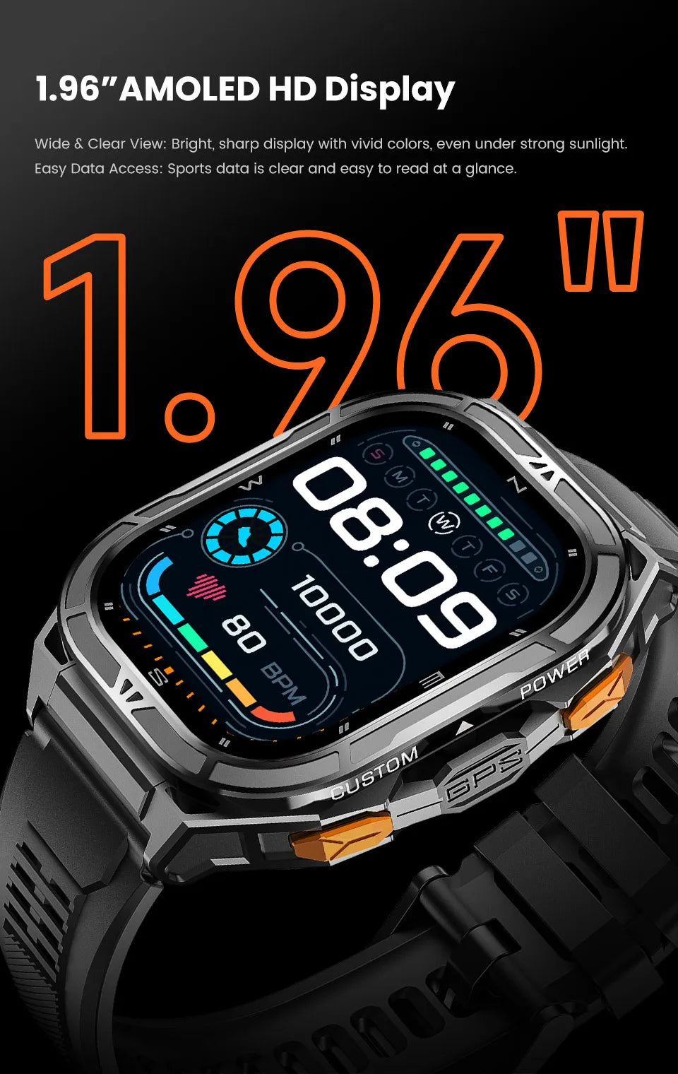 2026 New GPS Smart Watch Men 1.96-inch HD AMOLED Screen Compass Bluetooth Call 5ATM Waterproof Sport Smart Watch for Android iOS