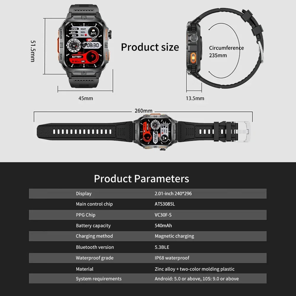 Smart Watch 2.01-inch HD Screen 540mAh 6 Satellite Positioning System 100+ Sports Modes IP68 Waterproof BT Call Smart Watch Men