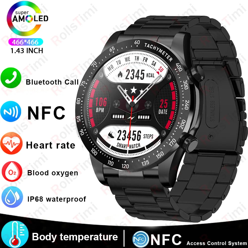 2026 new smart fitness watch with health tracking, heart rate monitor, NFC access, blood pressure check, and wireless calling,