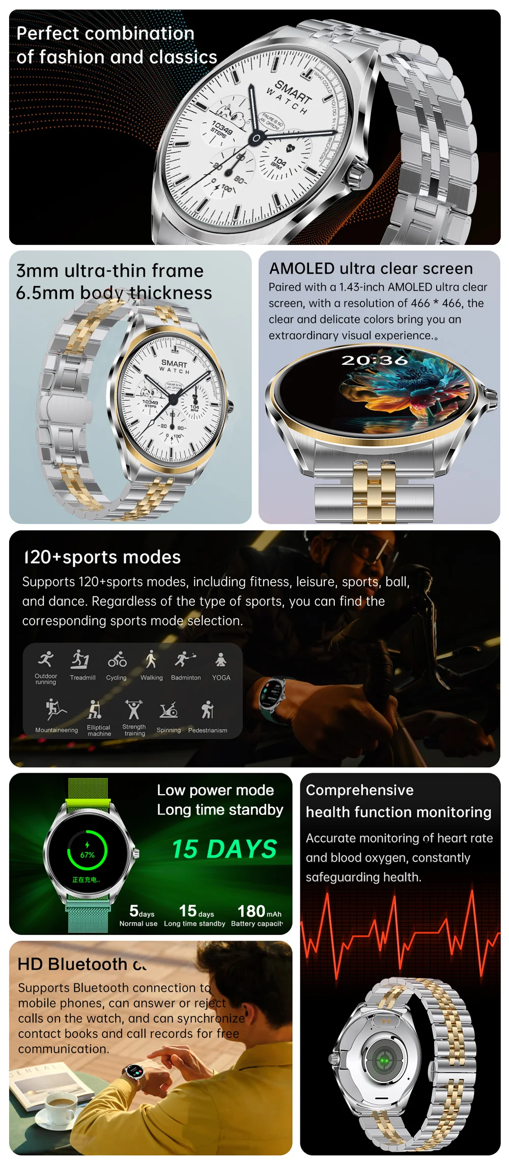 Smart Watch  6.5mm Ultra - Thin 1.43" AMOLED Screen Bluetooth Call 120+ Sports Modes for Daily & Sports
