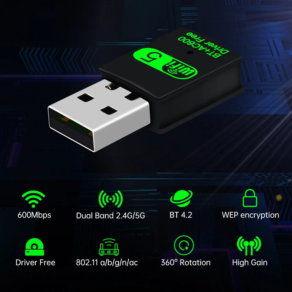 FENVI 600Mbps USB WiFi Adapter Bluetooth 2 in 1 Dongle Dual Band 2.4G/5GHz Network Wireless Receiver Driver Free For PC Win10/11