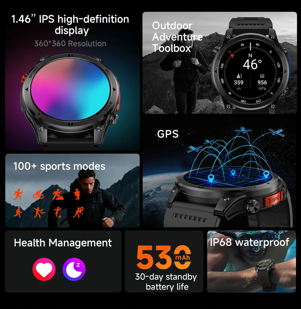 2026NEW Smart Watch Outdoors Sports MAN Bluetooth Call IP68 Waterproof Heart Rate GPS HD Screen Large Battery Health Monitoring