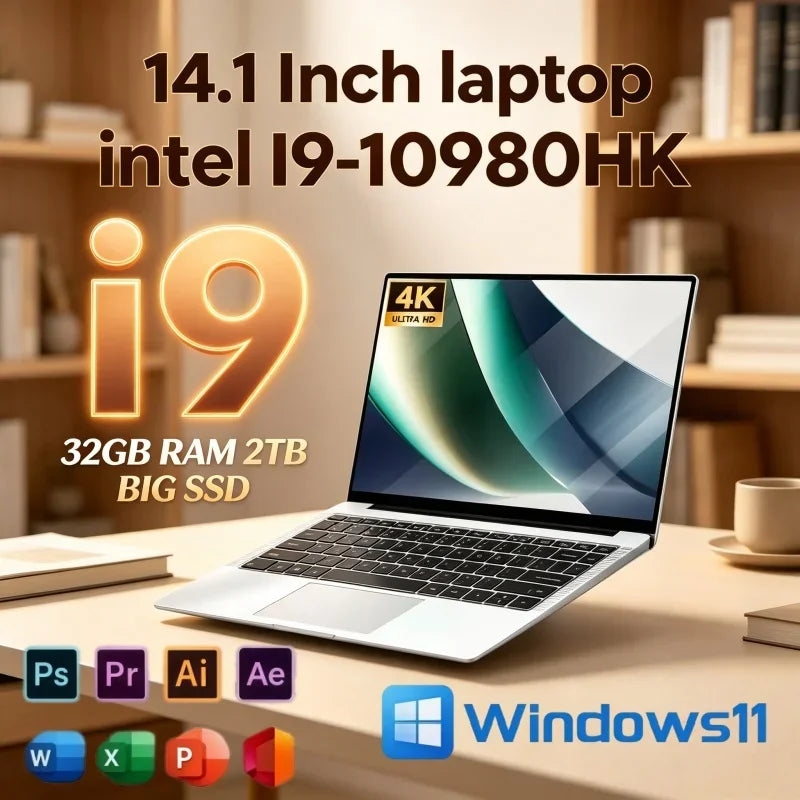 High Speed Response 14.1 Inch Thin Laptop Intel I9-10980HK 32GB BIG RAM 2TB SSD Win11 Preloaded Multitask Office Gaming Notebook