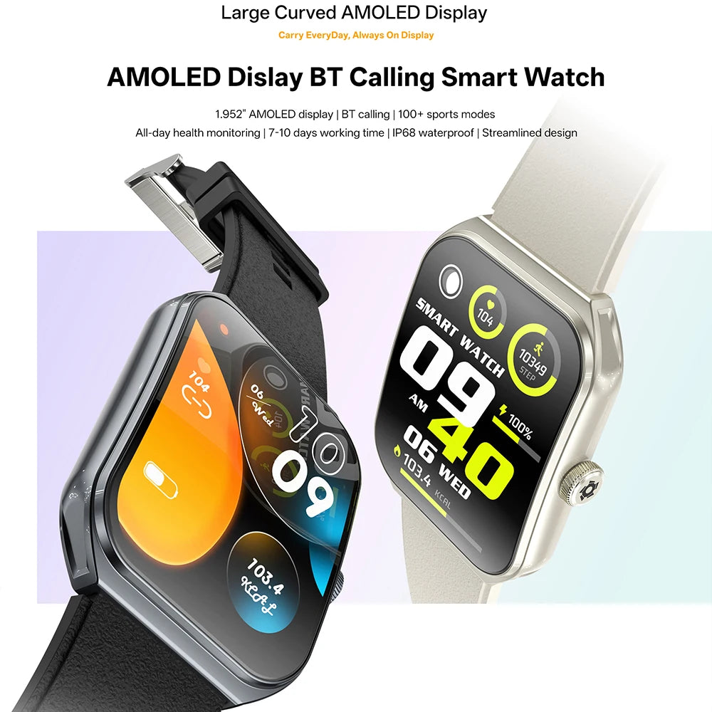Smart Watch for Men's Women's 1.95-inch AMOLED HD Screen IP68 Waterproof 100+Sports Mode Fitness Tracker Heart Rate monitoring