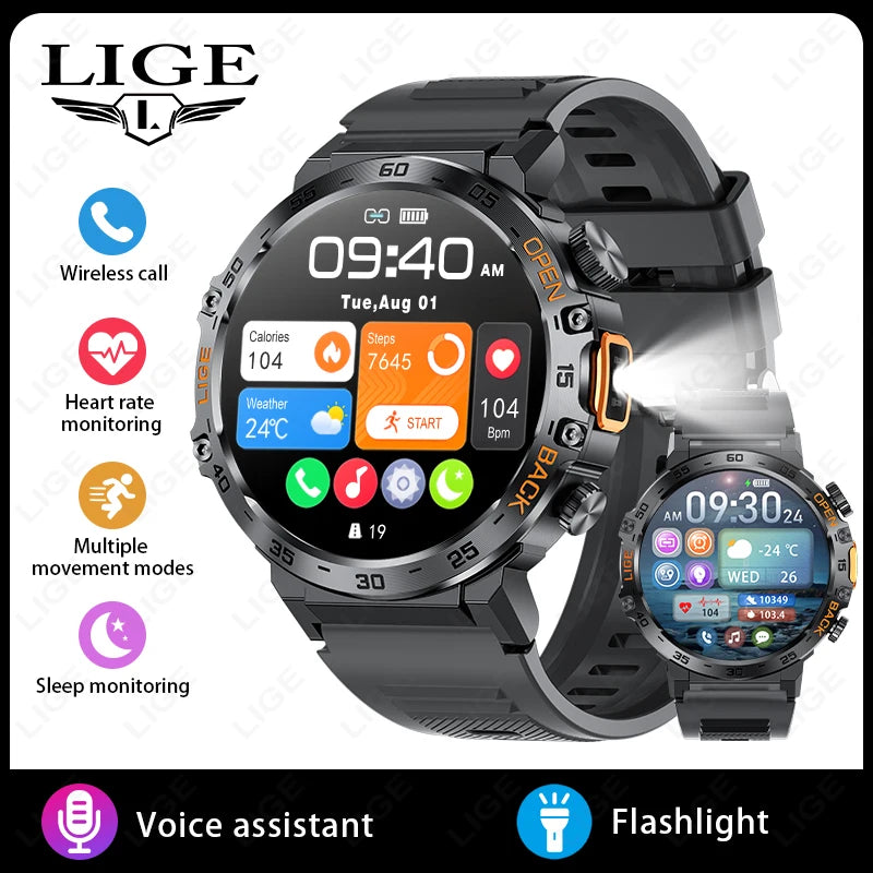 LIGE Smart Watch Men 360*360 AMOLED HD Screen Waterproof Sports Fitness Watches Flashlight Men Smartwatch For Andrio IOS 2026