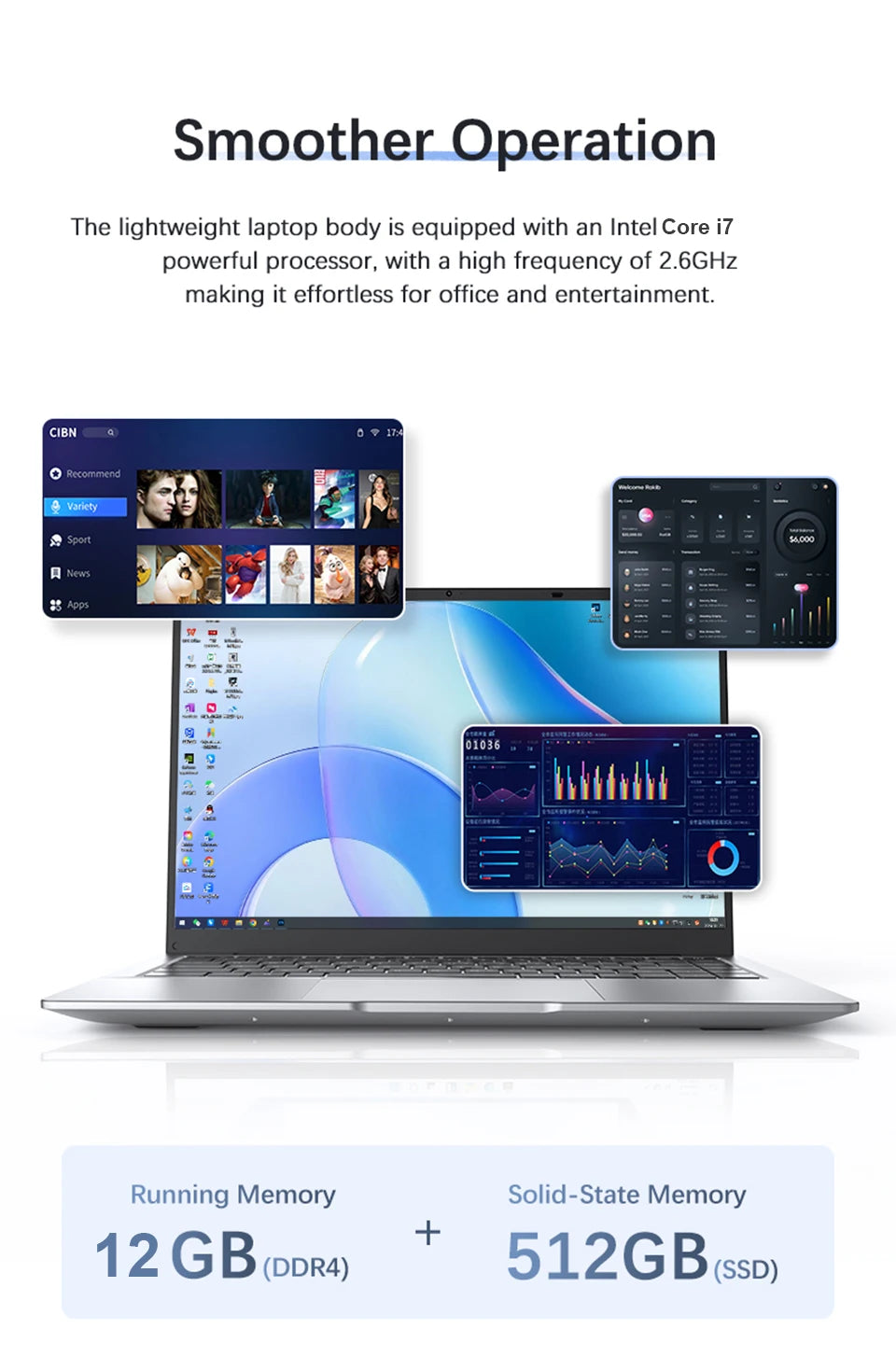 2026 Intel Core i7 9850H Intel A3950 Ultra Slim Laptop 14.1“ Windows 11 Notebook Computer 12GB RAM 1TB SSD Office Study Laptop