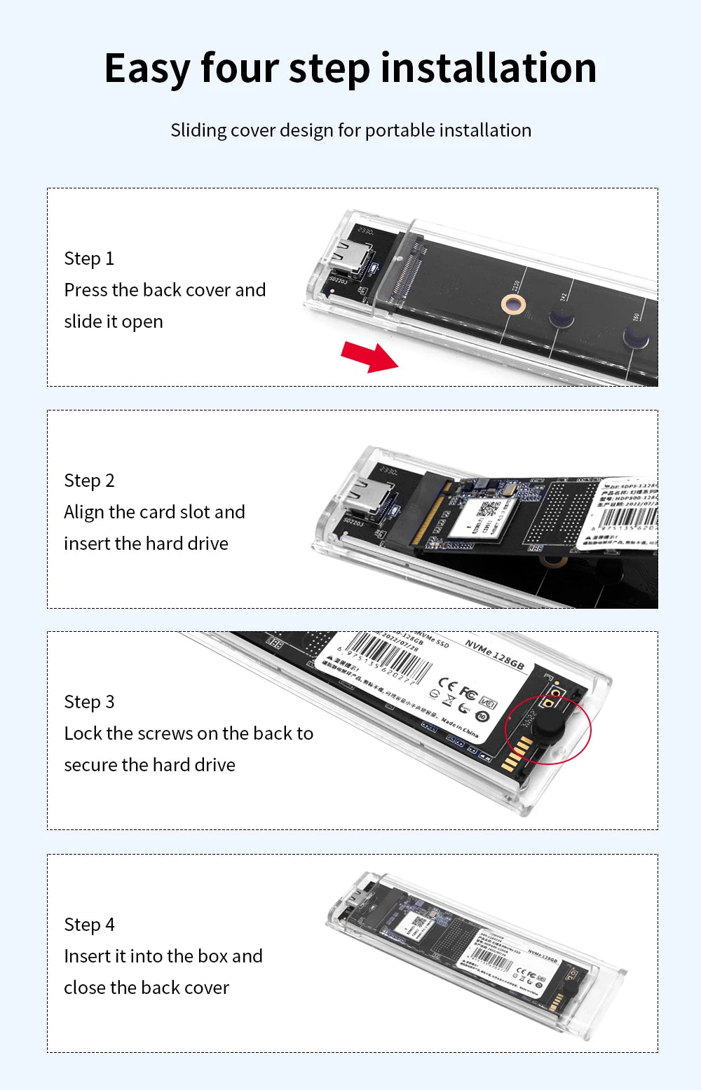 M.2 NVME PCIe /NGFF SATA /Dual Protocol SSD Case Clear USB Type C 10Gbps M2 SSD Transparent External Enclosure Hard Disk Box