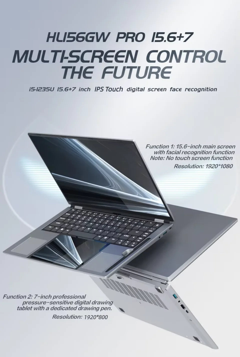 15.6+7inch Dual Screen Laptop Intel N150 Windows 11  32GB DDR4 512G/1TB/2TB M.2 2280 SSD WIFI BT Double Screen Laptop Computer