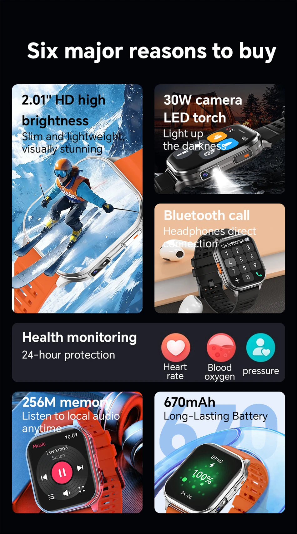 New Smartwatch Men Women Camera Take Photos Record Video Health Monitor Sports Fitness Waterproof Flashlight Call Smart Watches