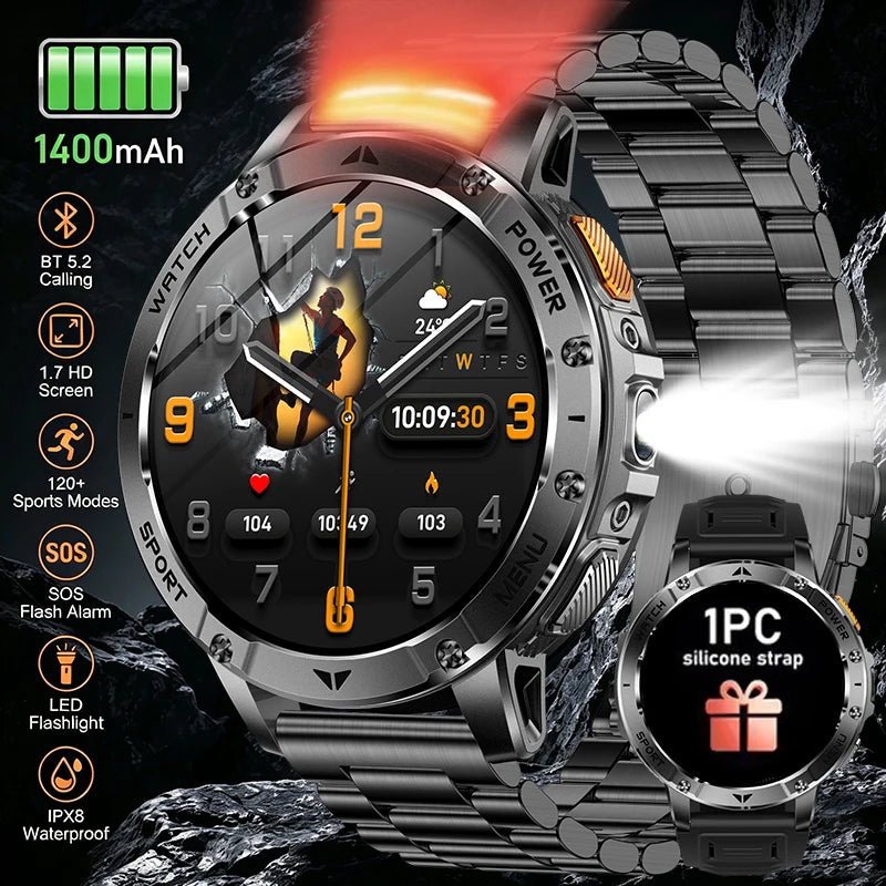 2026 Smartwatch,1400mAh battery,1.7"IPS screen,120+sports,SOS strobe alarm,IPX8 waterproof,LED light,BT Call,Xmas birthday gift